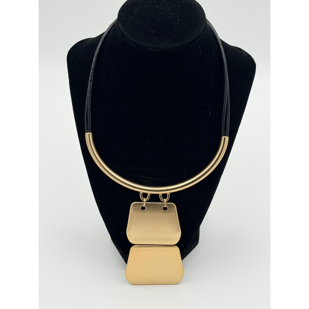 Chico's Gold Tone Geometric Double Pendant Black Cord Collar Necklace Modernist
